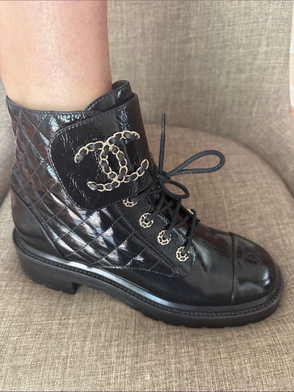 CHANEL Black Quilted Patent Leather Combat Boots with Gold CC Chain